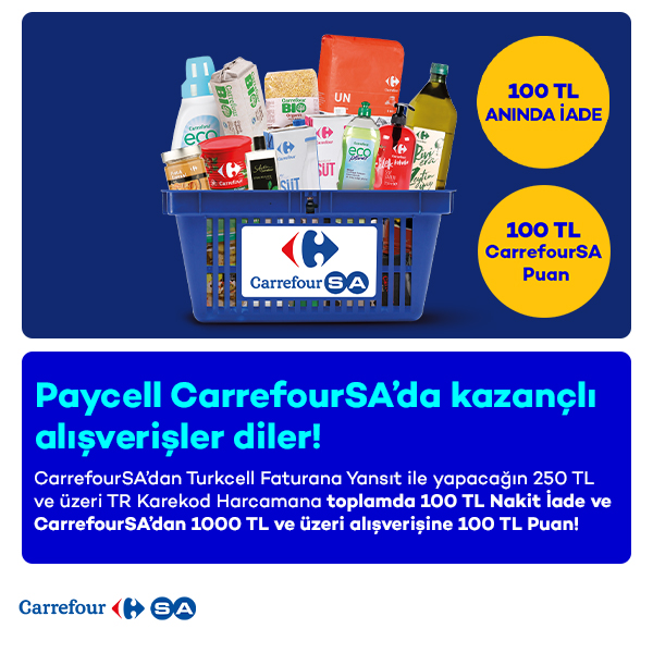 CarrefourSa TR Karekod Harcamanıza Toplamda 100 TL’ye Varan %15 İade ve 100 TL CarrefourSa Puan!